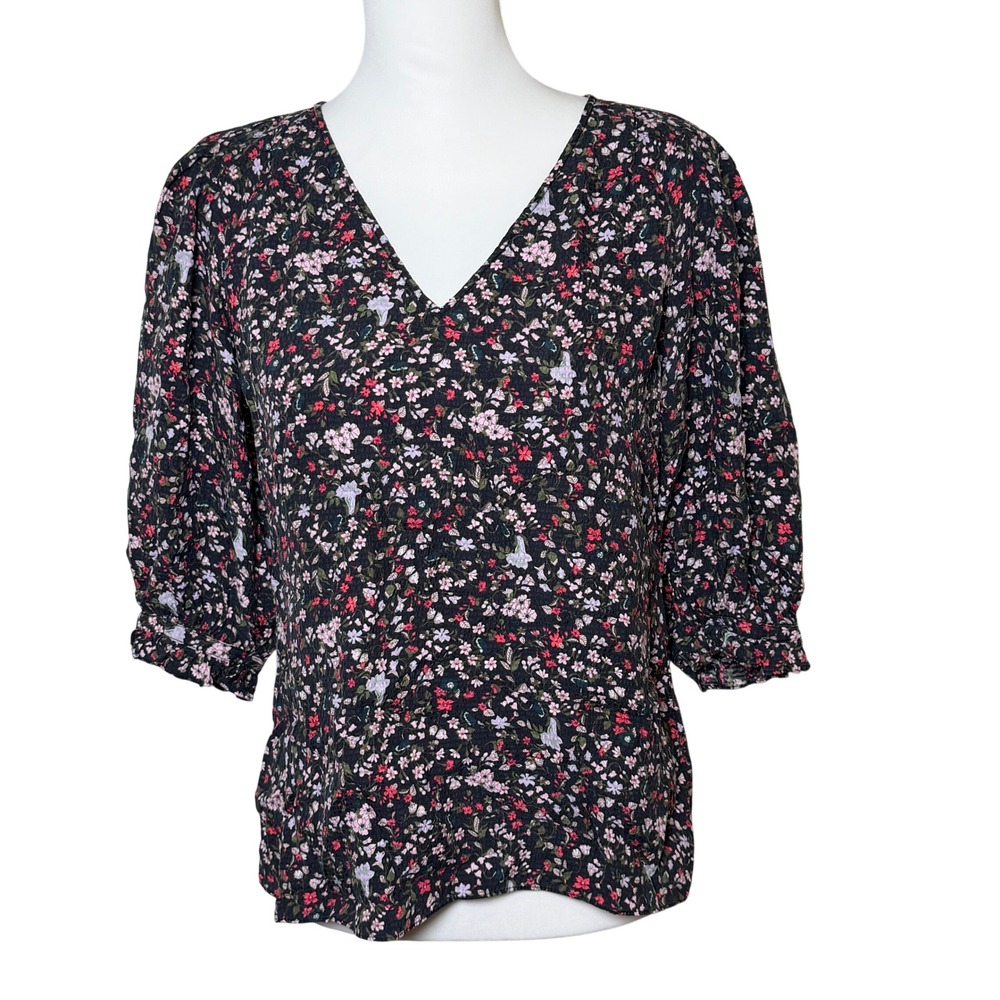 Rebecca Taylor 100% Silk Floral‎ V-Neck 3/4 Puff Sleeve Blouse Womens 4 Workwear